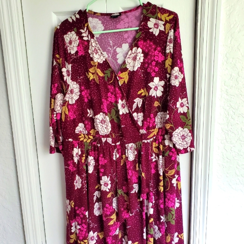 Size 1 Burgundy Floral Print Faux Wrap Dress